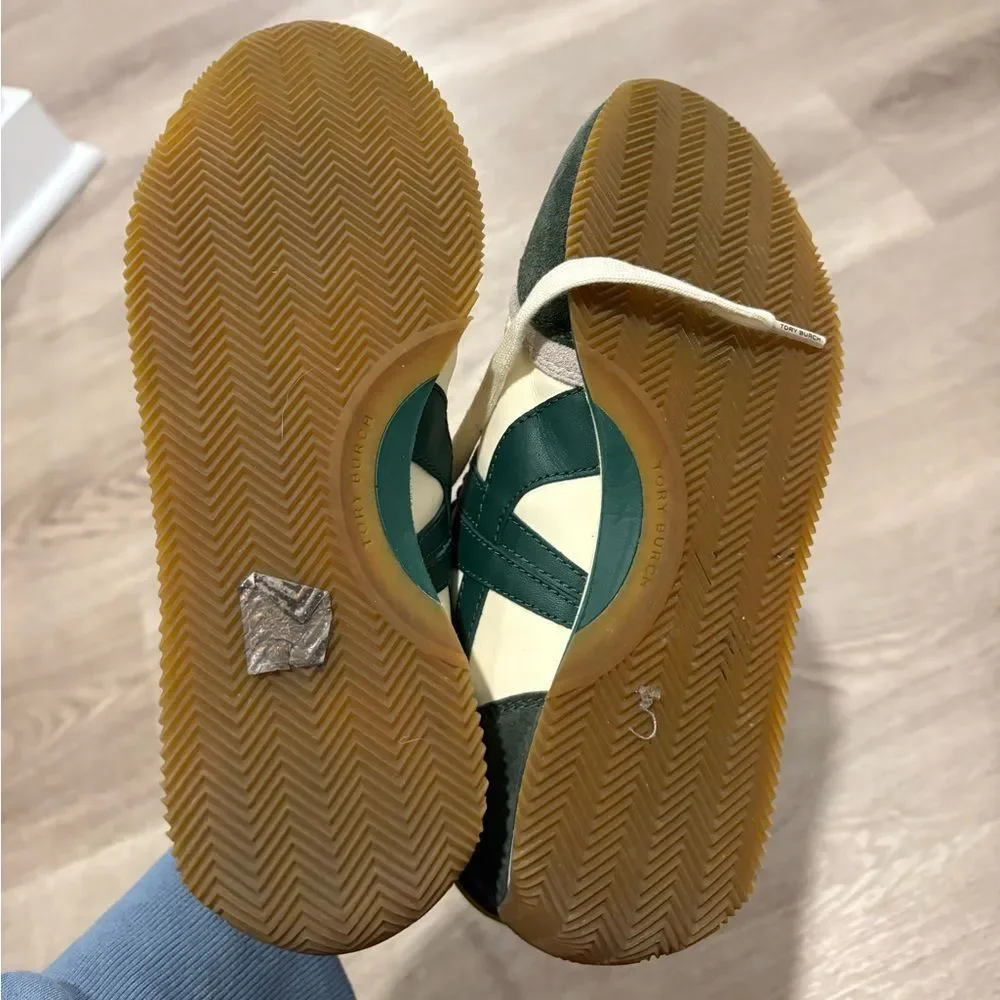 Tory Burch Green and Cream Retro Sneakers with Suede and Mesh